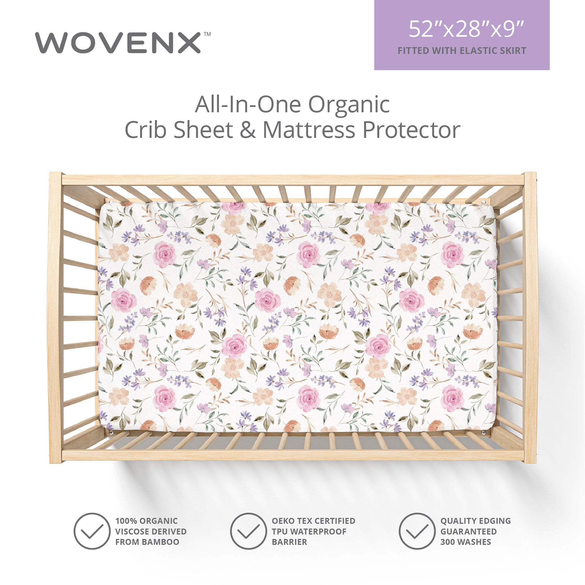 All-In- One Organic Crib Sheet & Mattress Protector for Baby Cribs - Flower