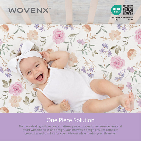 All-In- One Organic Crib Sheet & Mattress Protector for Baby Cribs - Flower