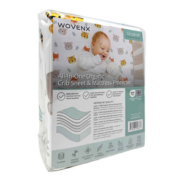 All-In- One Organic Crib Sheet & Mattress Protector for Baby Cribs - Tiger Bear Fox