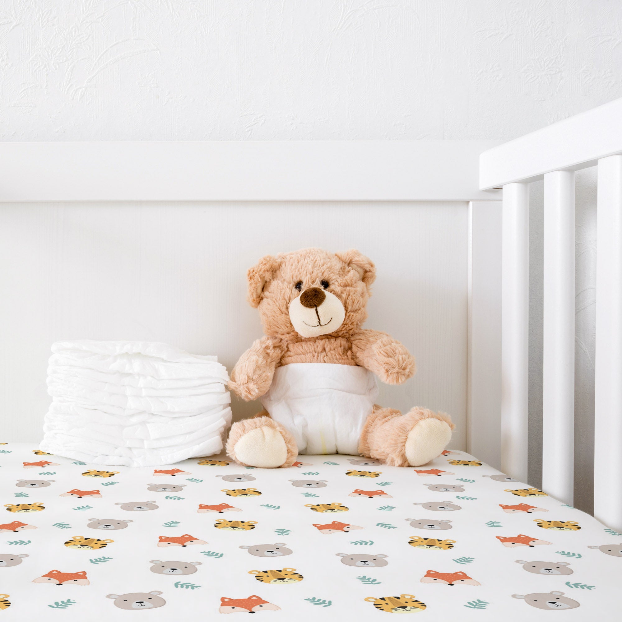 All-In- One Organic Crib Sheet & Mattress Protector for Baby Cribs - Tiger Bear Fox